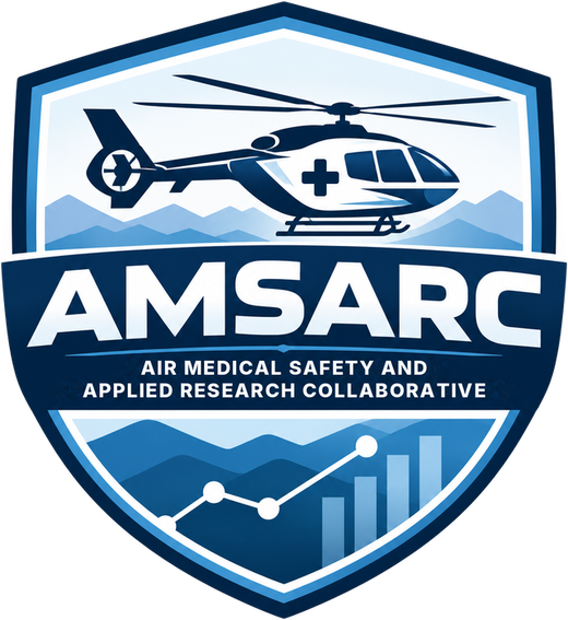 AMSARC badge: an air medical helicopter above mountains and a rising data line